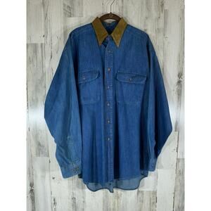 Tango Max Rabb Denim Button Up Shirt Size Large Faux Suede Collar Pockets READ